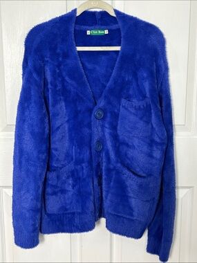Bright Blue Fuzzy Button-Front V-Neck Cardigan Size Large Fun Festival